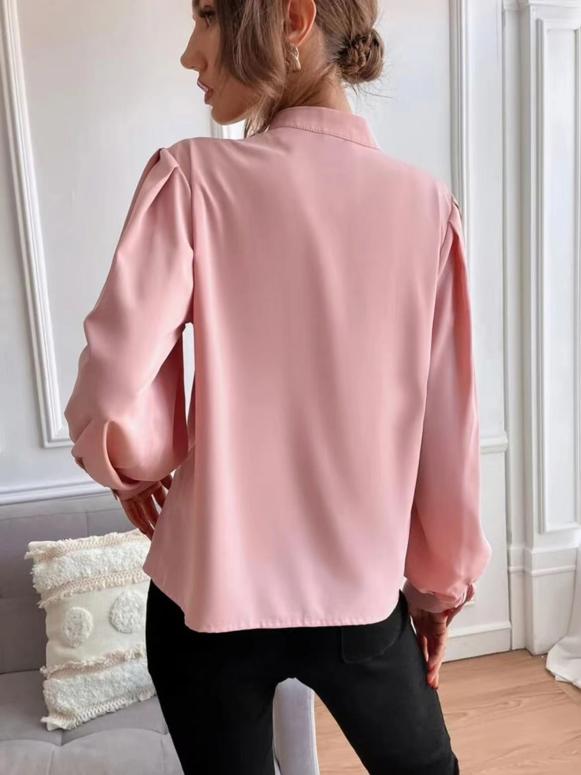 Solid color lapel long-sleeved button-up blouse shirt