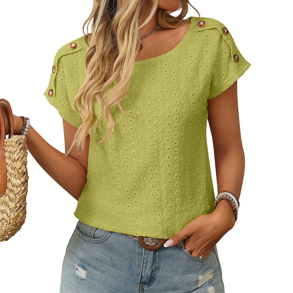 Women's Solid Color Crew Neck Button Short Sleeve T-Shirt Top