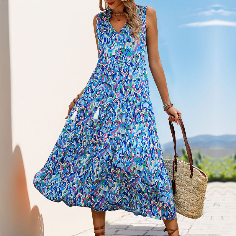 Sleeveless V-neck Fringed Print Dress for Women