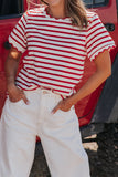 Womens Short Sleeve Top Ruffle Striped T-Shirt