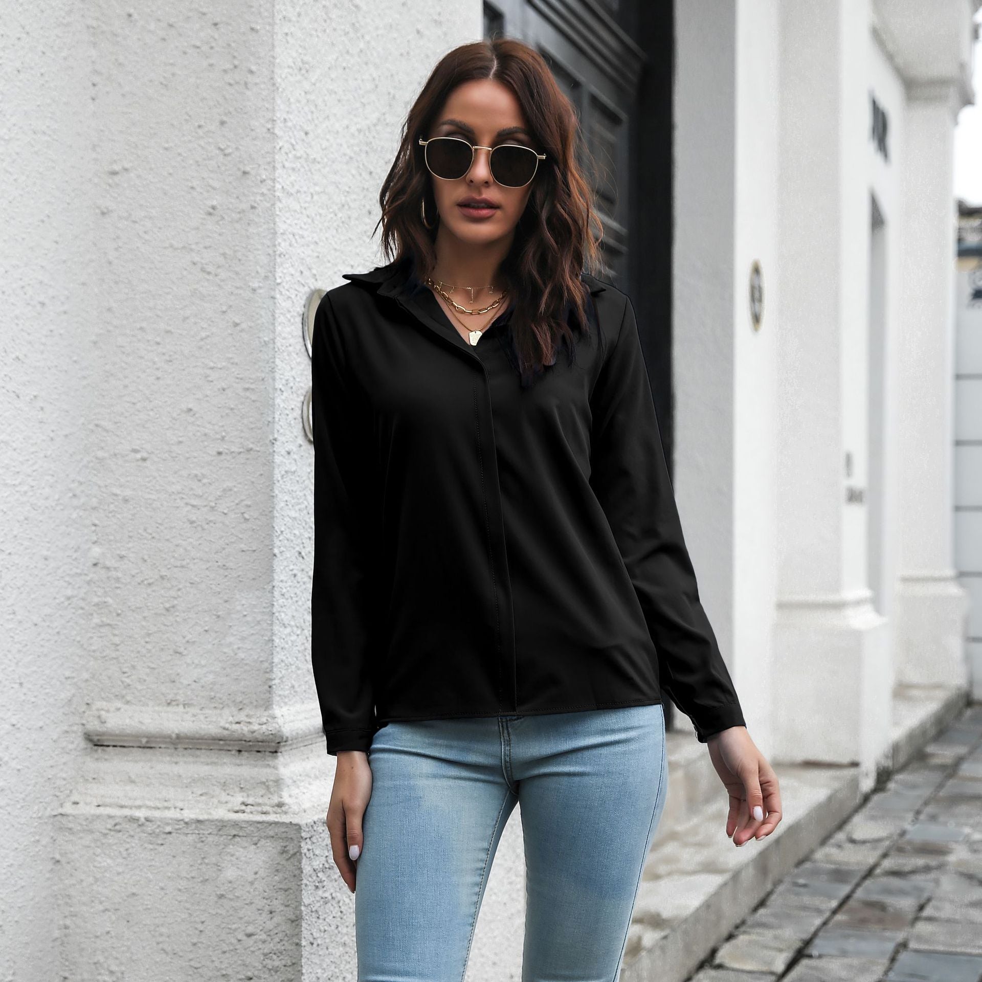 Women's Blouse Elegant V Neck Long Sleeve Shirt