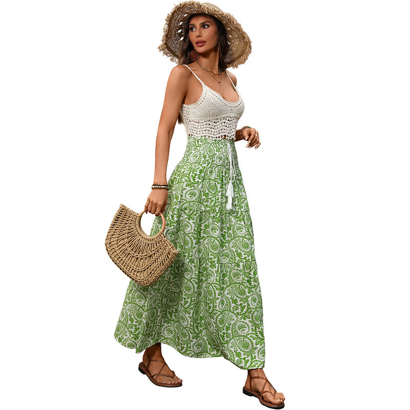 Long Skirt Elastic Waist Fringed Drawstring Paisley Print Skirt