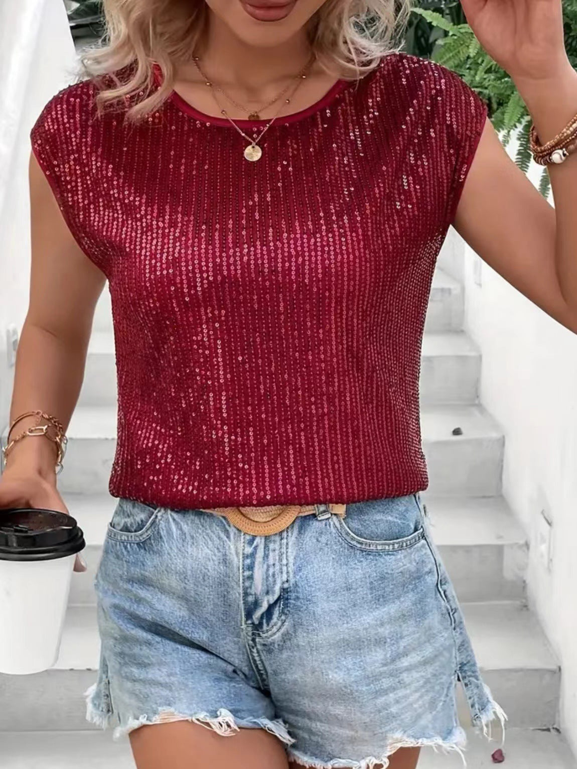 Casual Fashion Party Crew Neck Sleeveless Top Women's Sequins T-Shirt