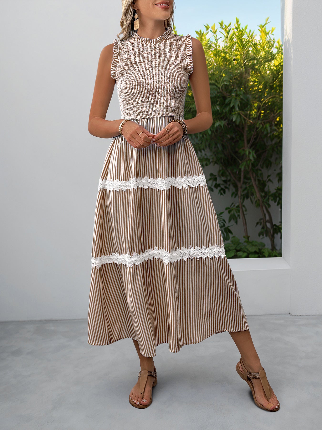 Casual Women's Lace Sleeveless Striped Dress