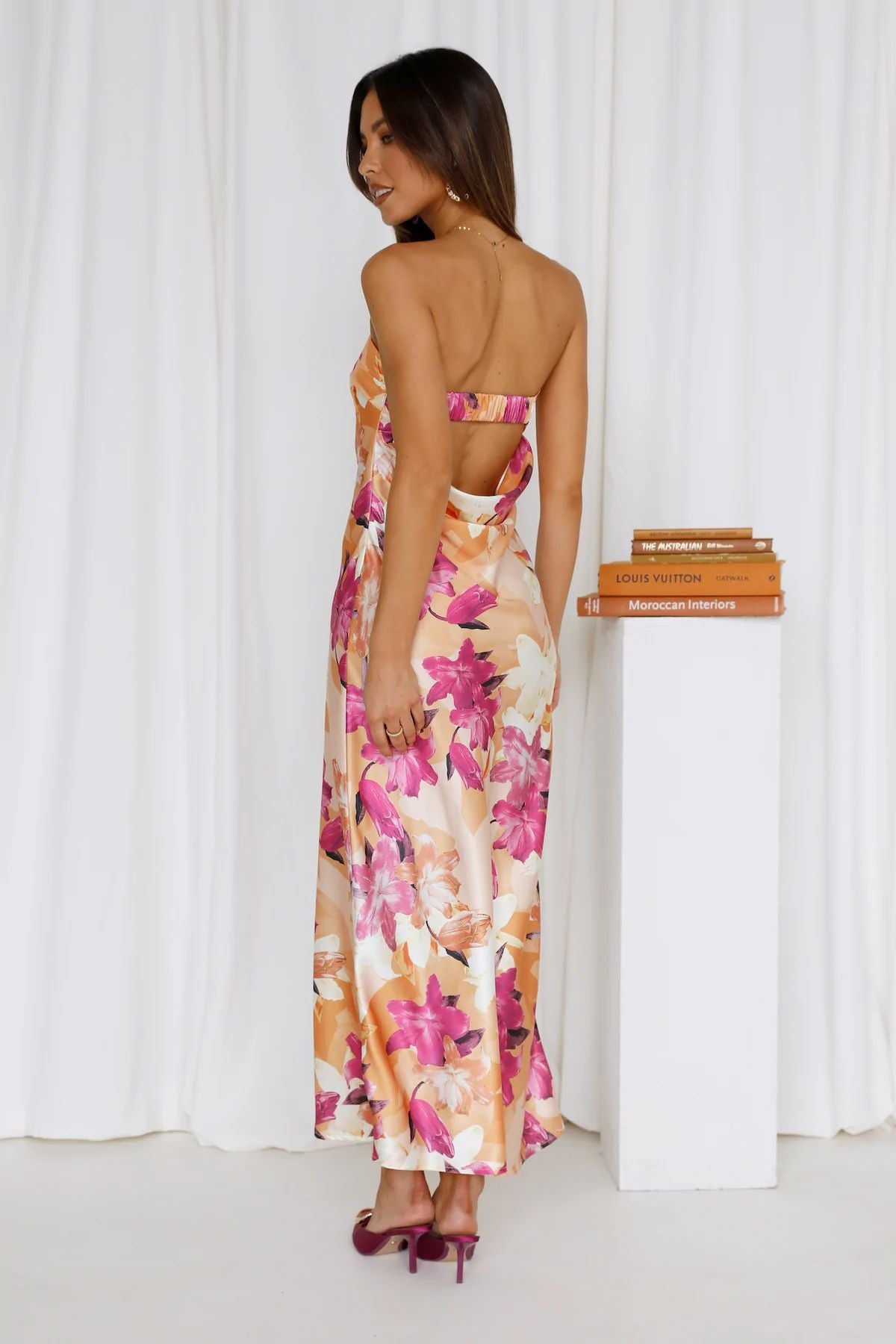 Women's Tube Satin Backless Strapless Dress with Print