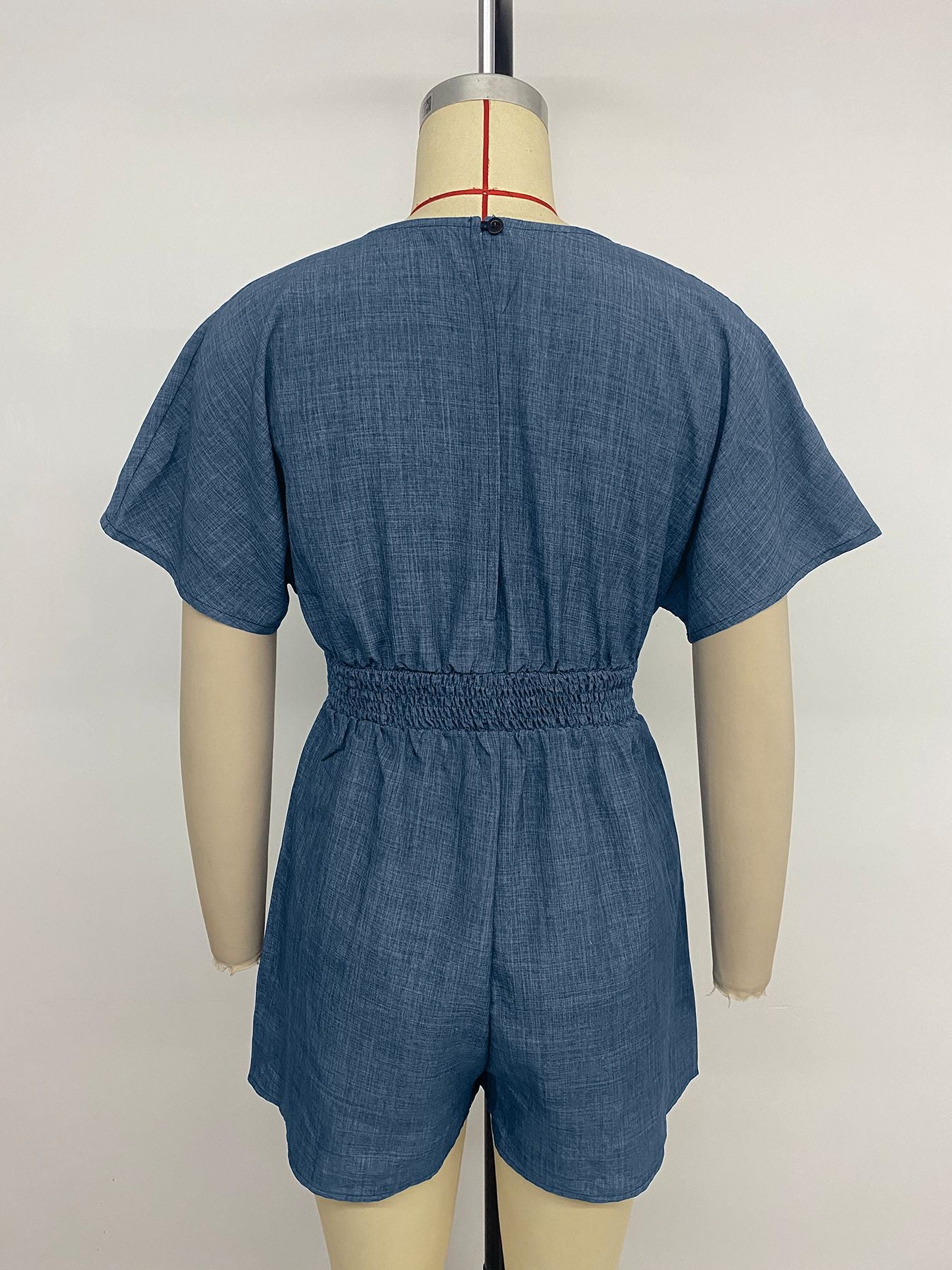 Casual Solid Color Waist Short-sleeved V-neck Jumpsuit