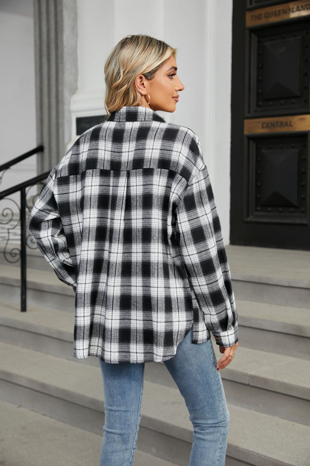 Lapel Long Sleeve Pocket Button Plaid Shirt Top Women