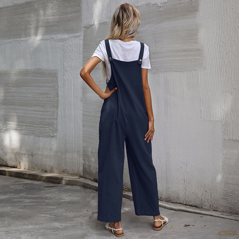 Casual Cotton and Linen Pocket Solid Color Sleeveless Jumpsuit