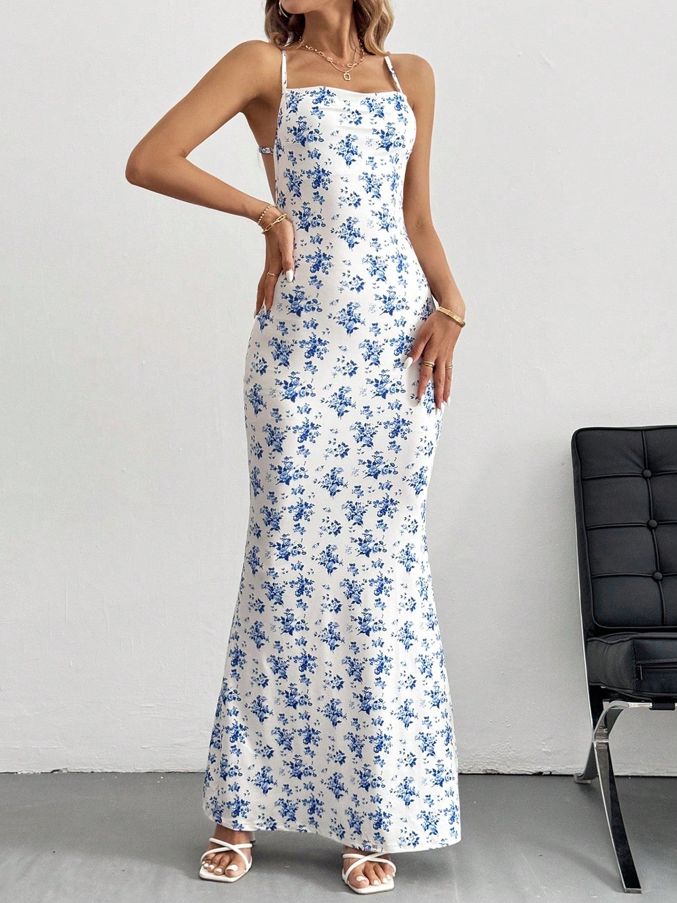 Womens Summer Backless Floral Holiday Dress