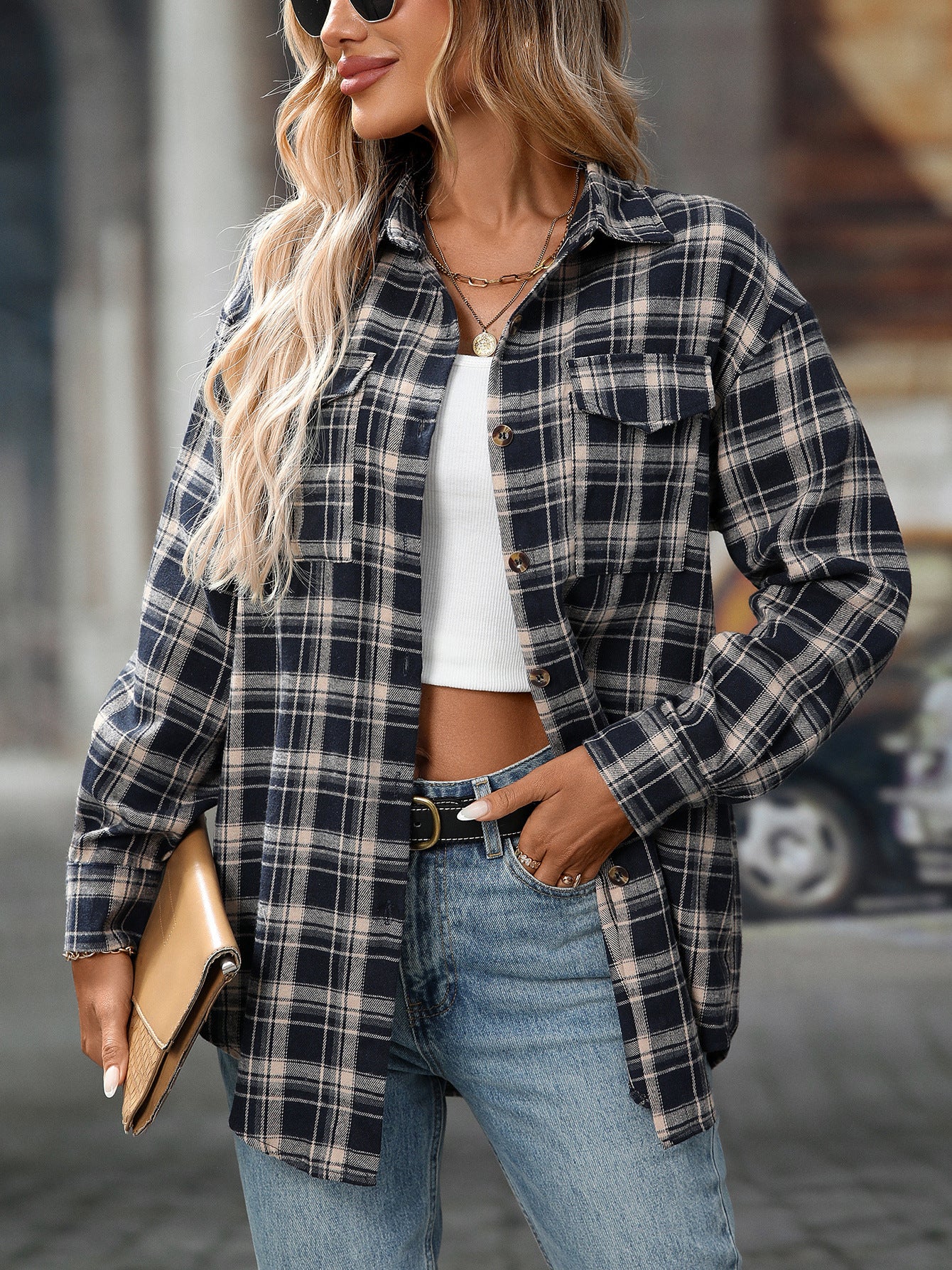 Casual Fashion Loose Plaid Pocket Shirt Women
