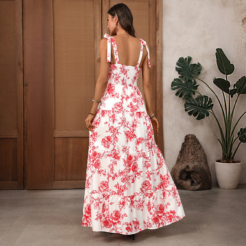 Suspender Floral Print A-shaped Dress