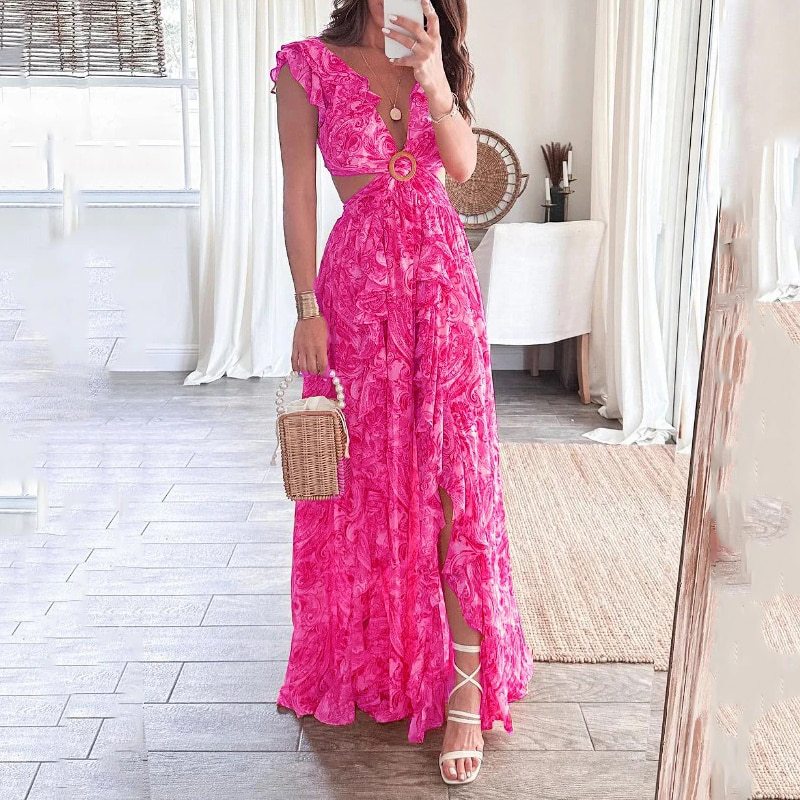Sexy Deep V-neck Waist Print Dress Long Dress