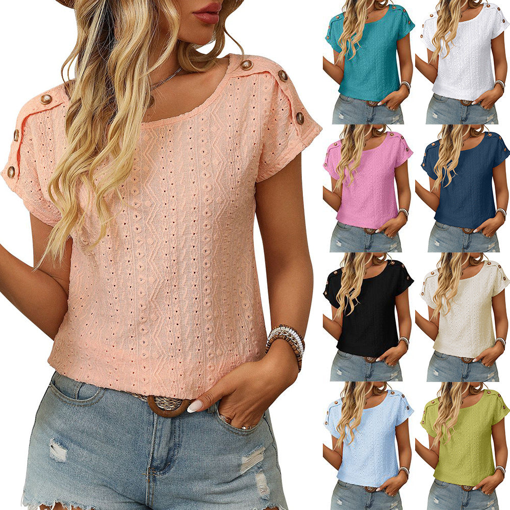 Women's Solid Color Crew Neck Button Short Sleeve T-Shirt Top