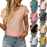 Women's Solid Color Crew Neck Button Short Sleeve T-Shirt Top