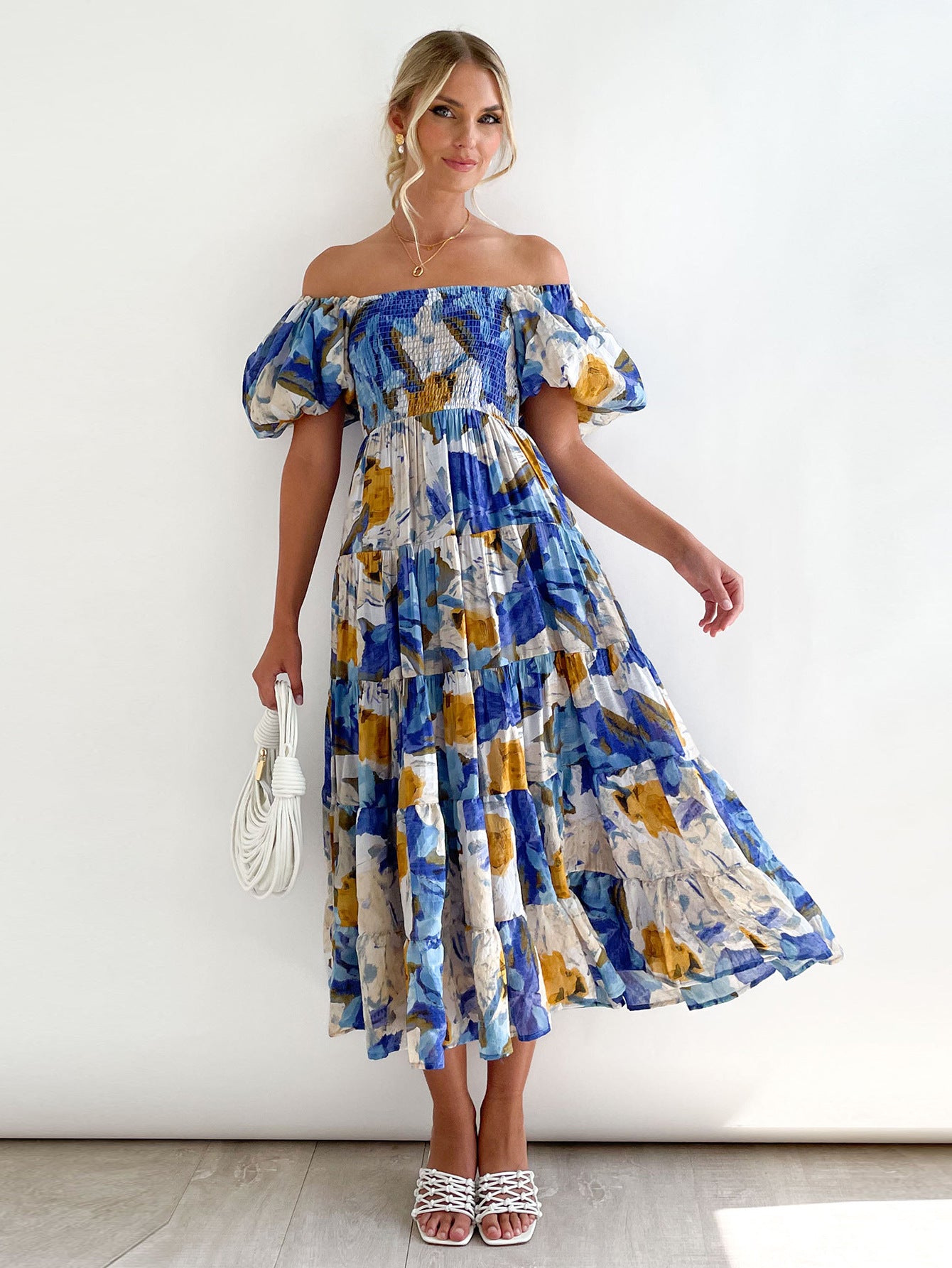 Offshoulder Printed Bubble Sleeve Dress for Women