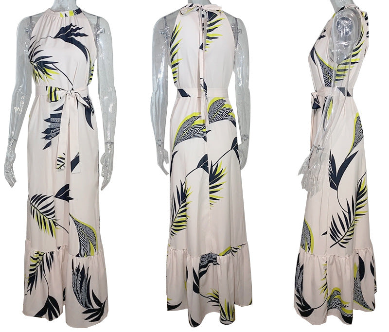 Women's Summer Neck Strap Printed Lotus Leaf Dress Women