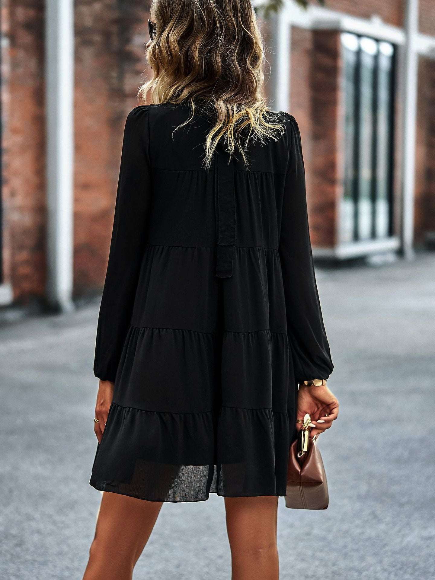 Womens Dress Long Lantern Sleeve Square Neck Tie Backless Sexy Dress Ruffle Elastic Waist A-Line Mini Dress