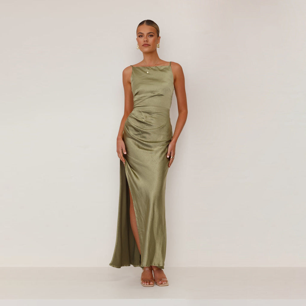 Women Solid Color Sexy Halter Split Medium and Long Sleeveless Dress