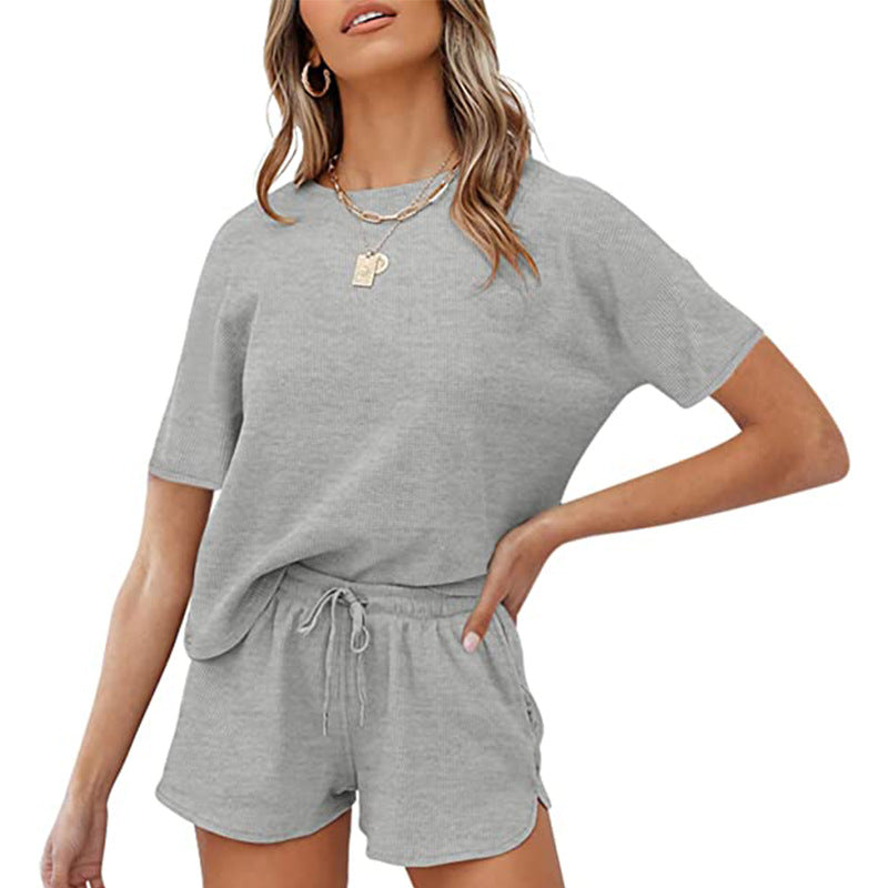 Women Short Sleeve Two Piece Casual Waffle Lounge Set