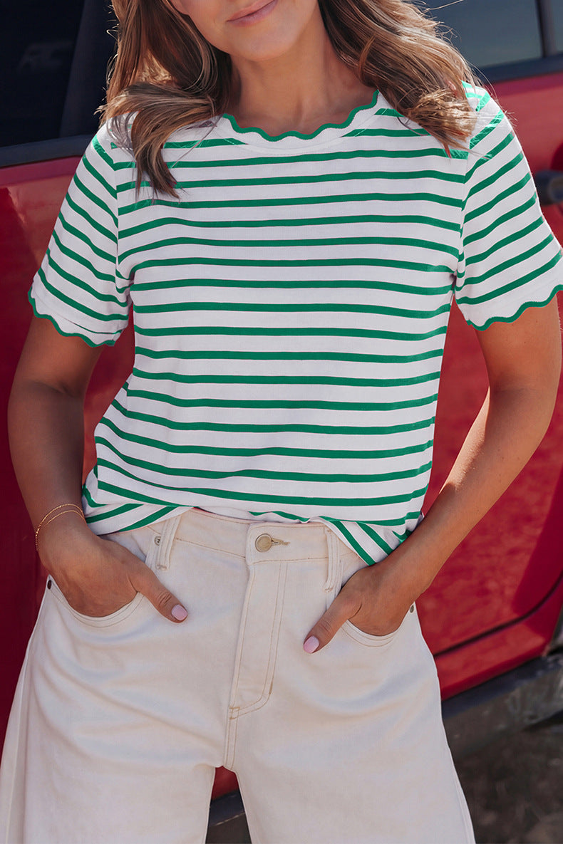 Womens Short Sleeve Top Ruffle Striped T-Shirt