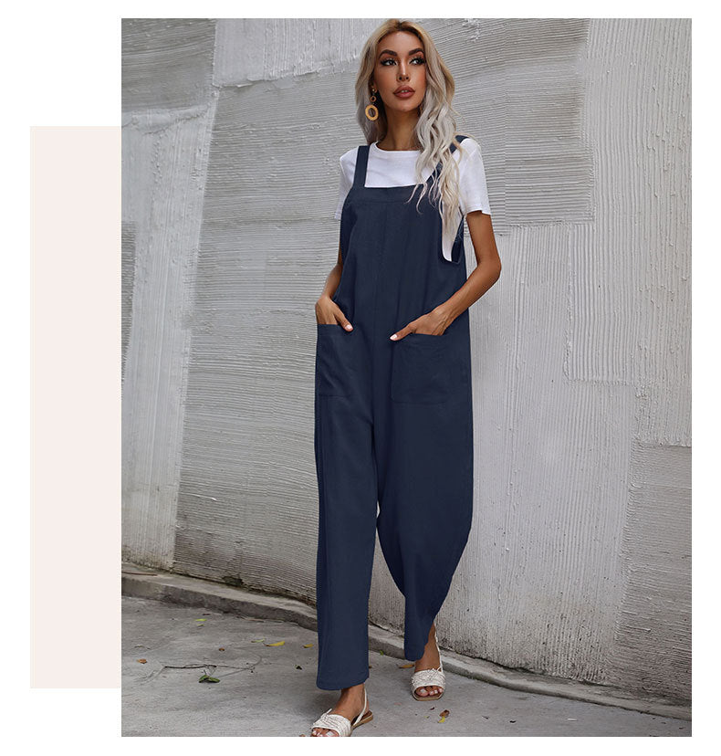 Casual Cotton and Linen Pocket Solid Color Sleeveless Jumpsuit