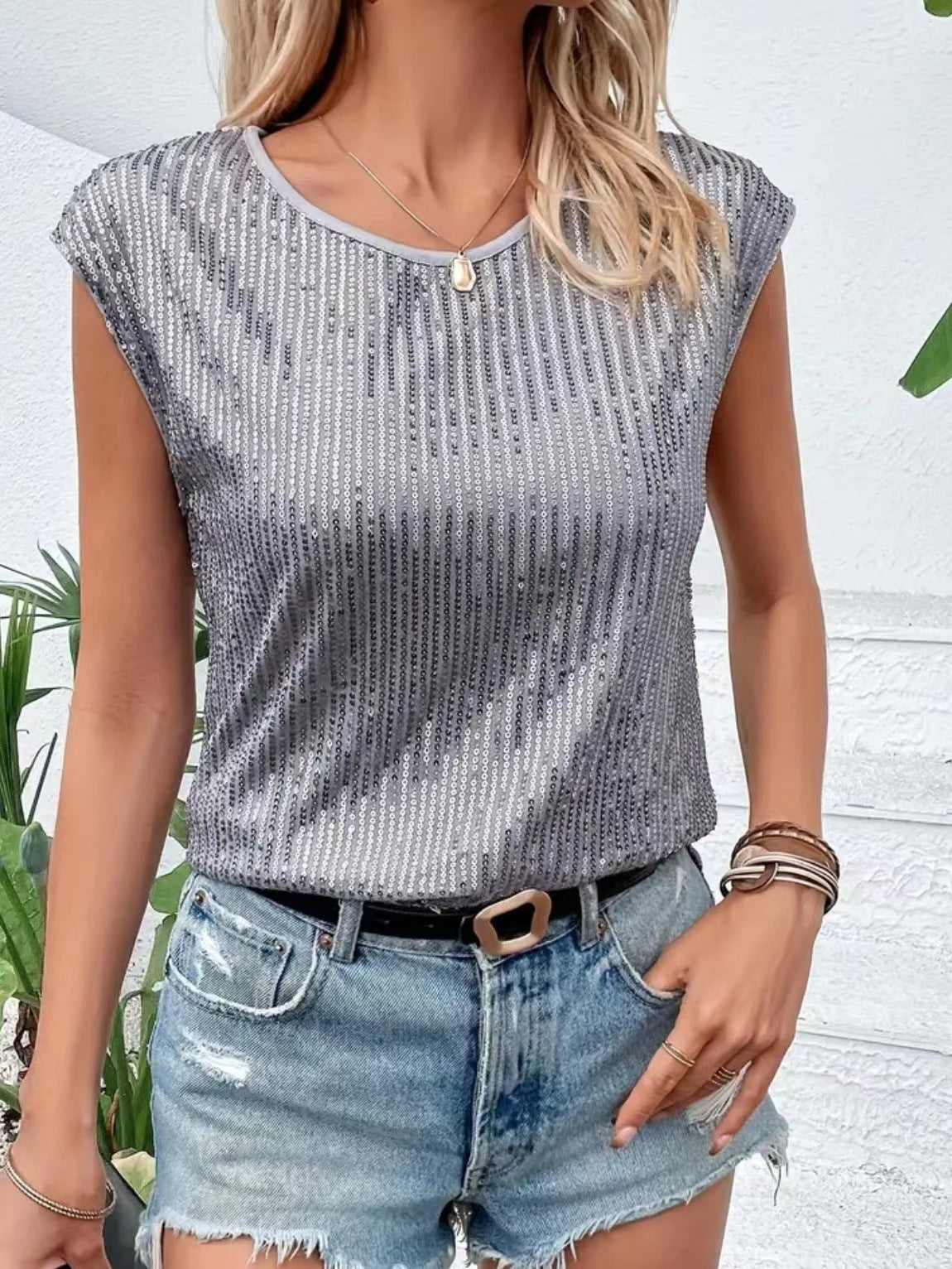 Casual Fashion Party Crew Neck Sleeveless Top Women's Sequins T-Shirt