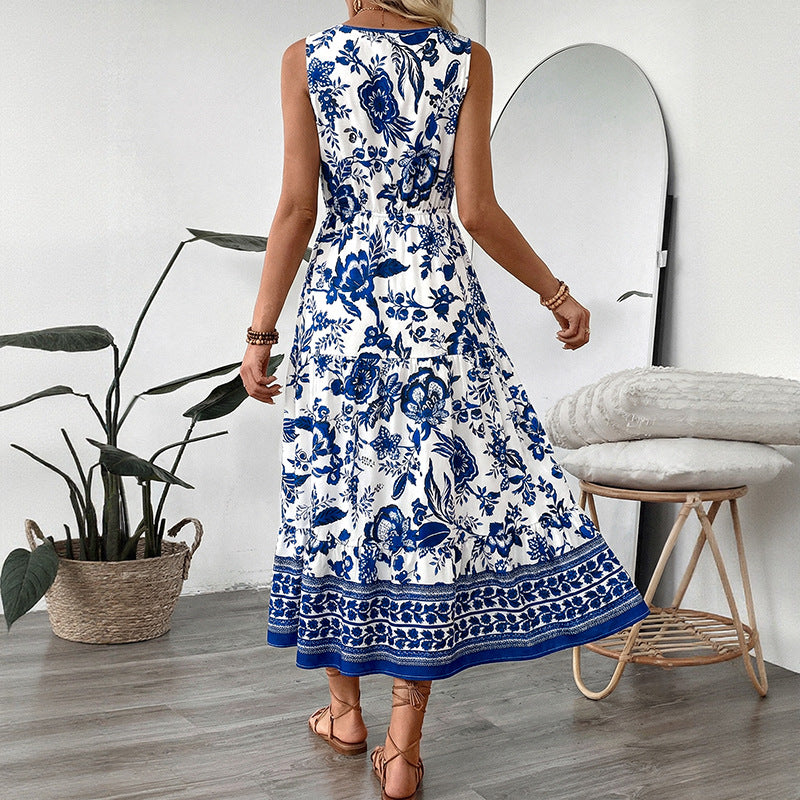 Long Dress V-neck Sleeveless Print Dress