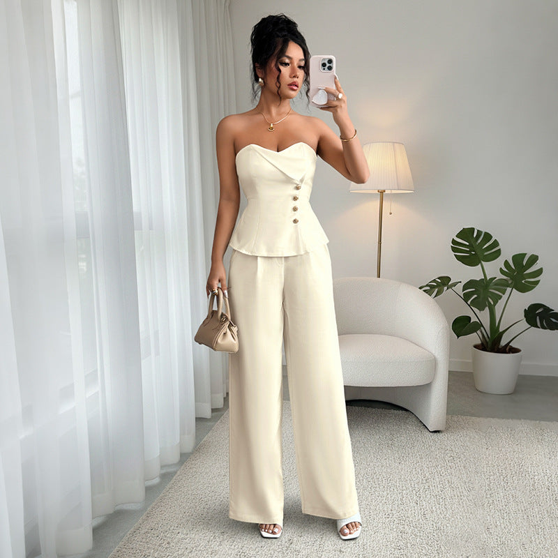 Sexy Tube Top Wide Leg Pants Solid Color Fashion Suit