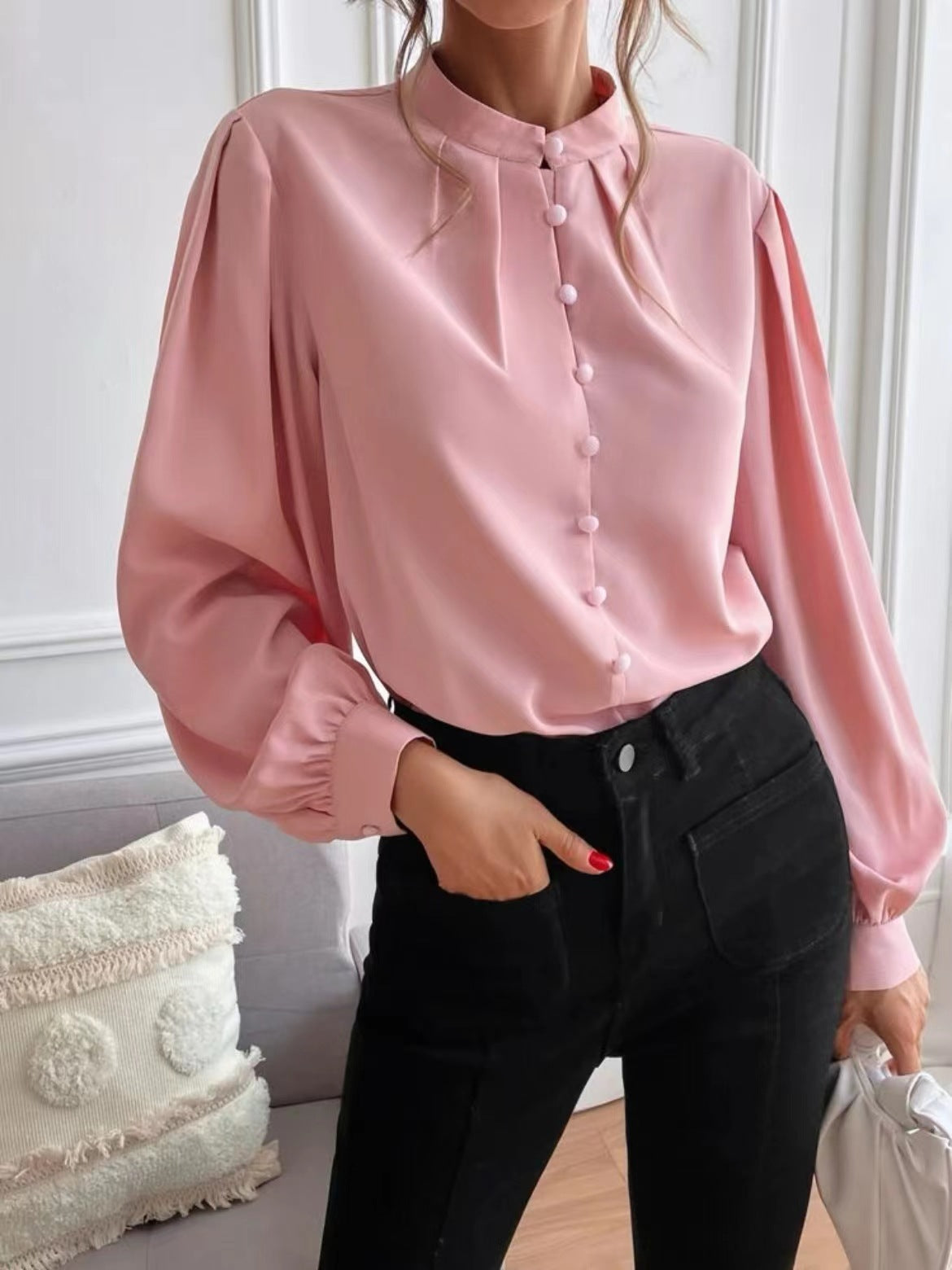 Solid color lapel long-sleeved button-up blouse shirt