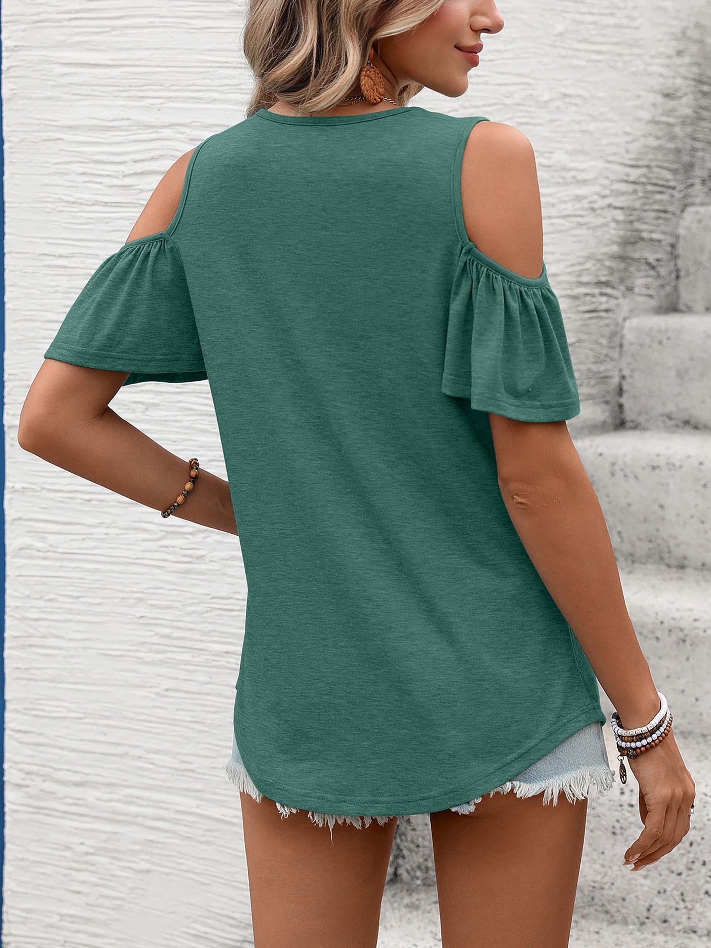 Women Solid Color V-Neck Off-Shoulder Short Sleeve T-Shirt Top