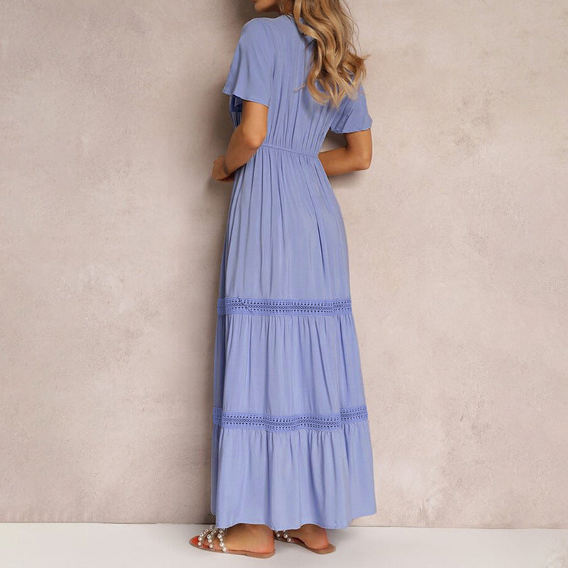 Women's Short-sleeved V-neck Solid Color Dress