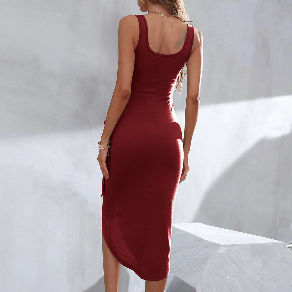 Women Square Neck Sleeveless Dress Solid Color Dress