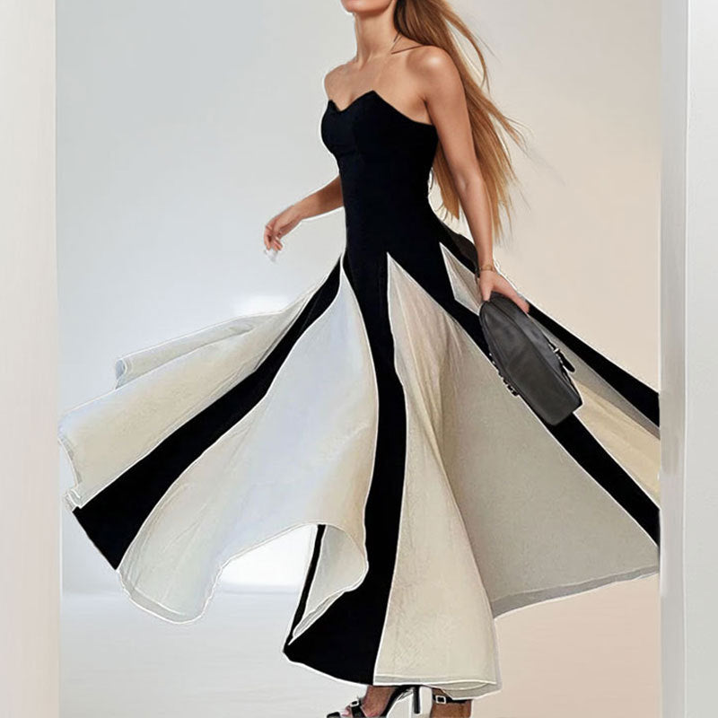 Women's Casual Contrasting Color Splicing Shoulder Strap Dress