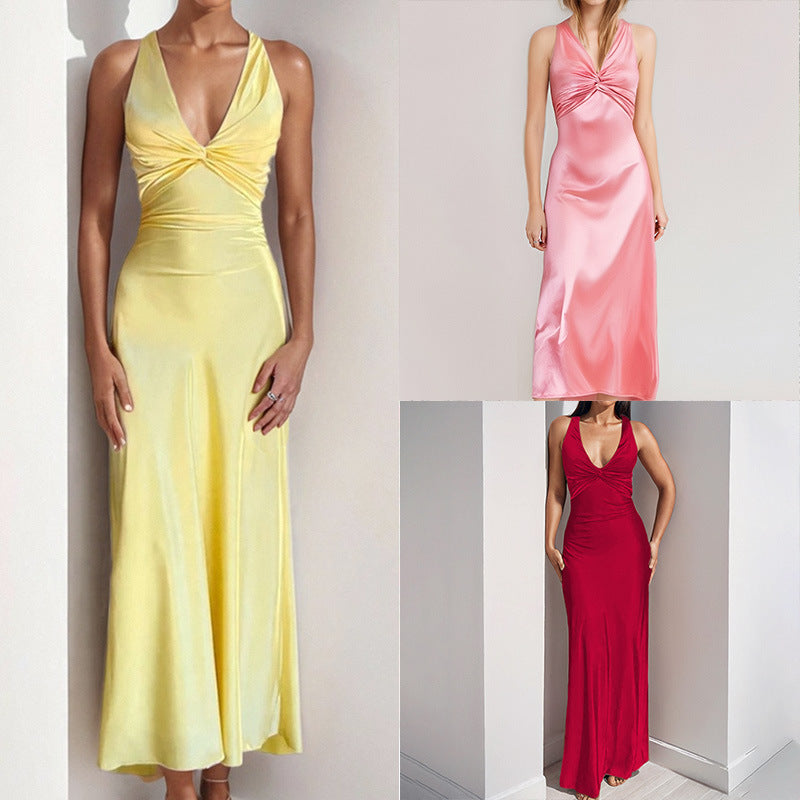 Sexy V-neck Pleated Slim-fit Dress Long Dress