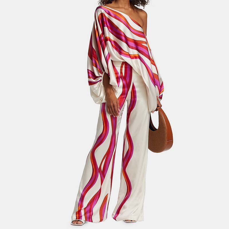 Elegant and Loose Bat Sleeve Print Fashion Set