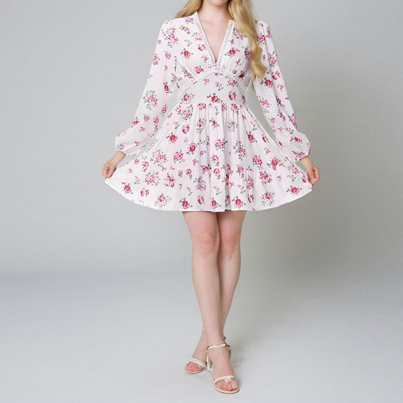 Women Elegant V-neck Floral Slim-fit Dress Short