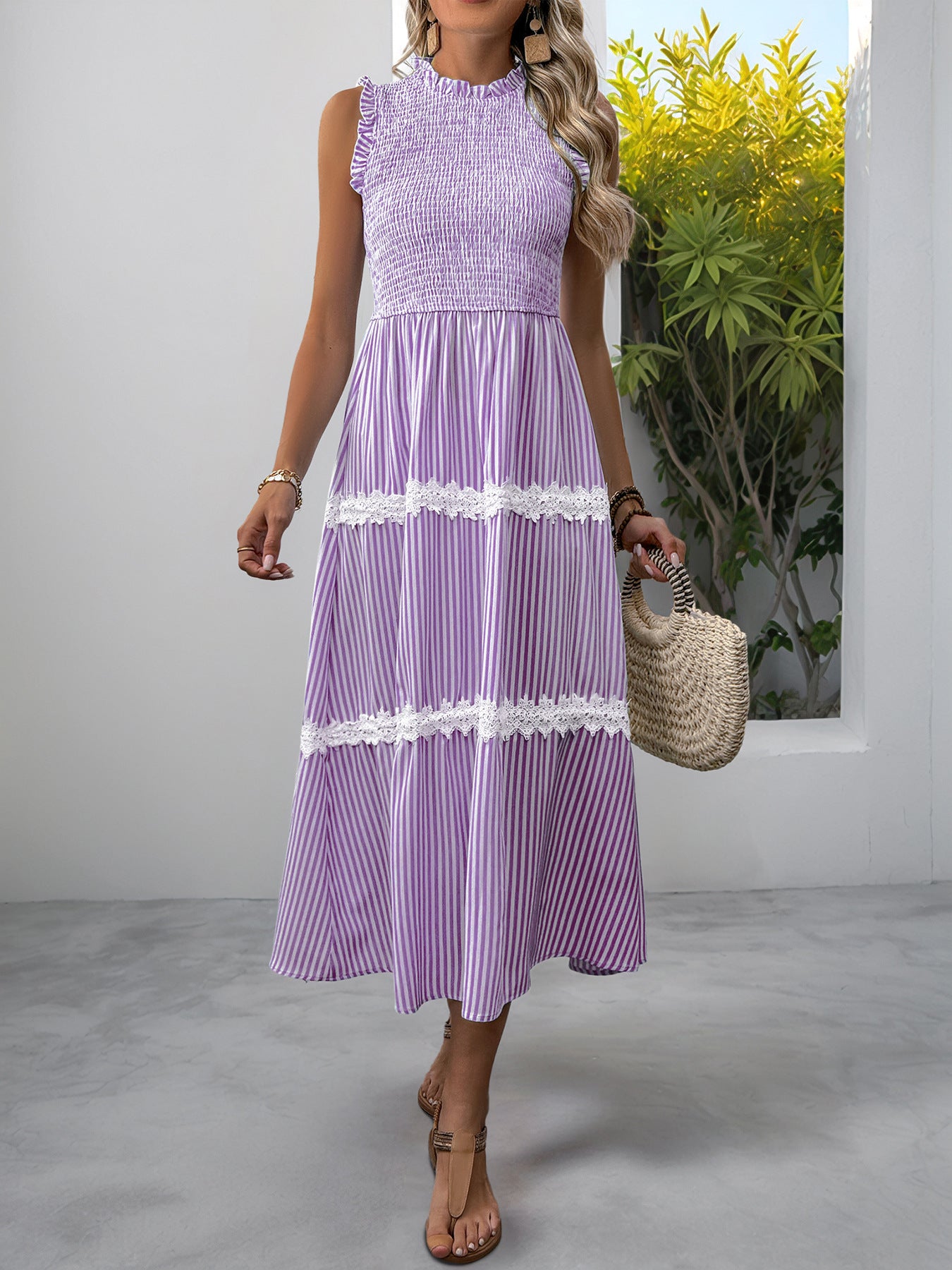Casual Women's Lace Sleeveless Striped Dress
