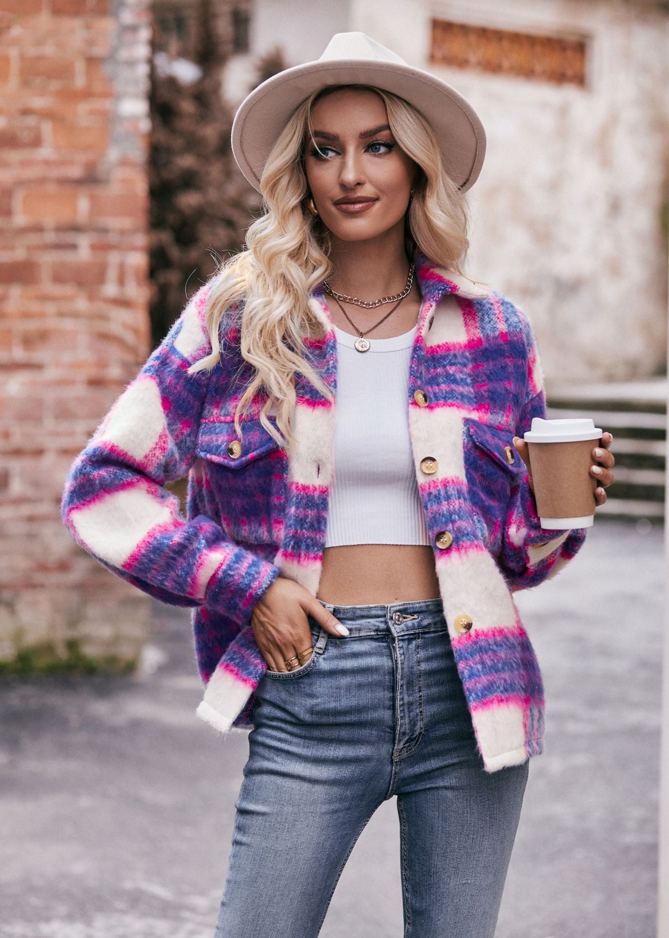 Women Plaid Short Jacket  with Pocket