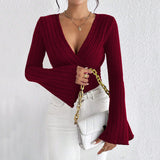 Women's V-Neck Flared Sleeve Slim-Fit Shirt Knitted Top