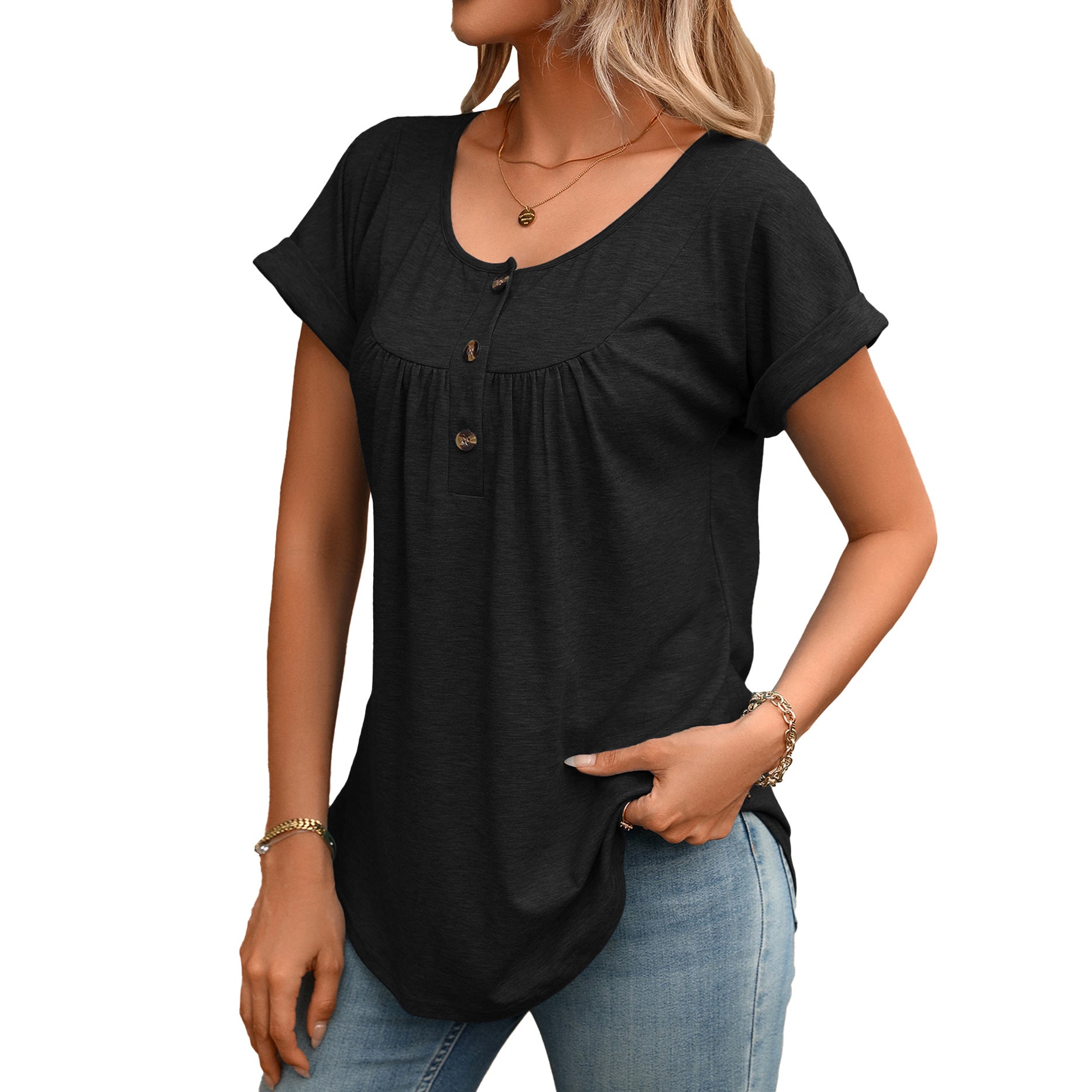 Women Solid Color Crew Neck Button Short Sleeve T-Shirt
