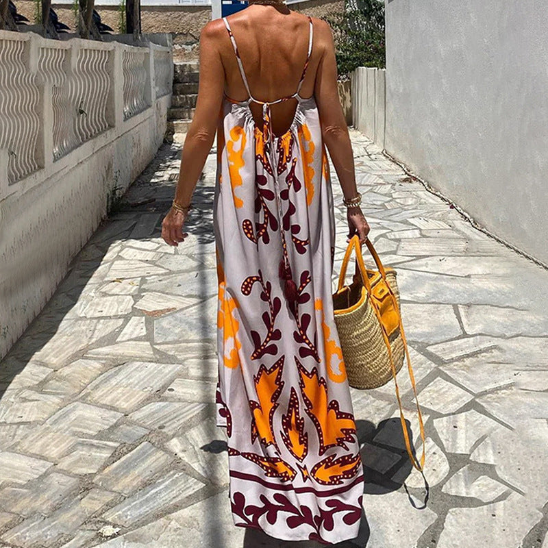 Elegant Printed High Waist Suspender Dress Long Dress