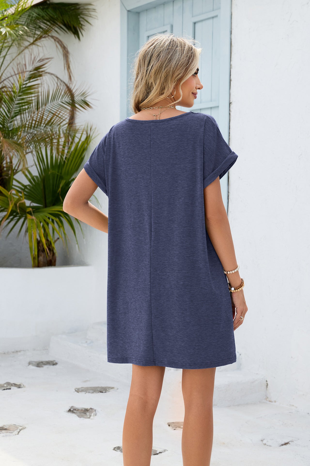 Women Solid Color V-Neck Lace Short Sleeve Pocket Dress