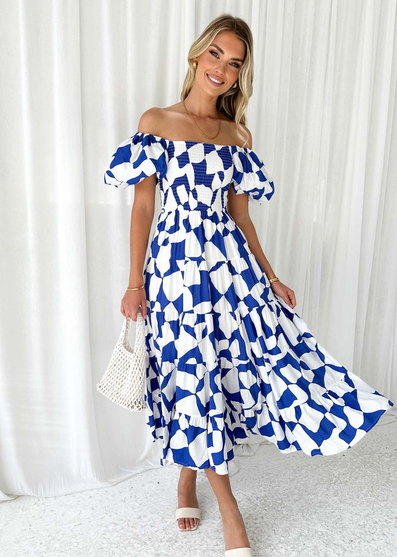 Offshoulder Printed Bubble Sleeve Dress for Women