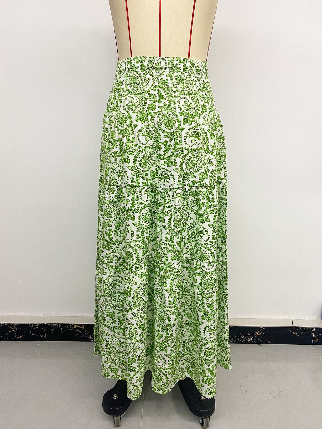 Long Skirt Elastic Waist Fringed Drawstring Paisley Print Skirt