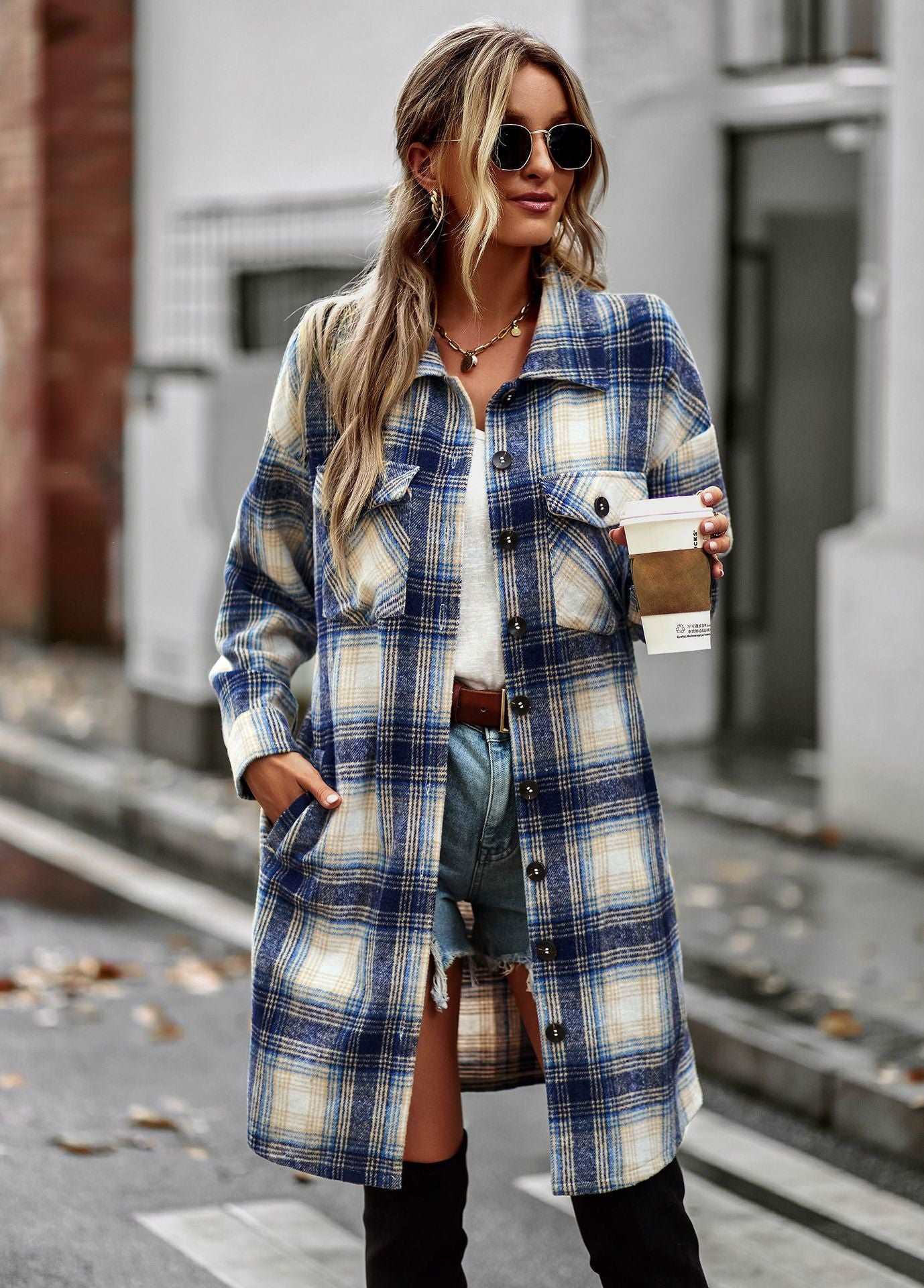 Women's Long Sleeve Button Down Jackets Plaid Flannel Shirts Tops Casual Lapel V Neck Oversized Shackets Blouses Top