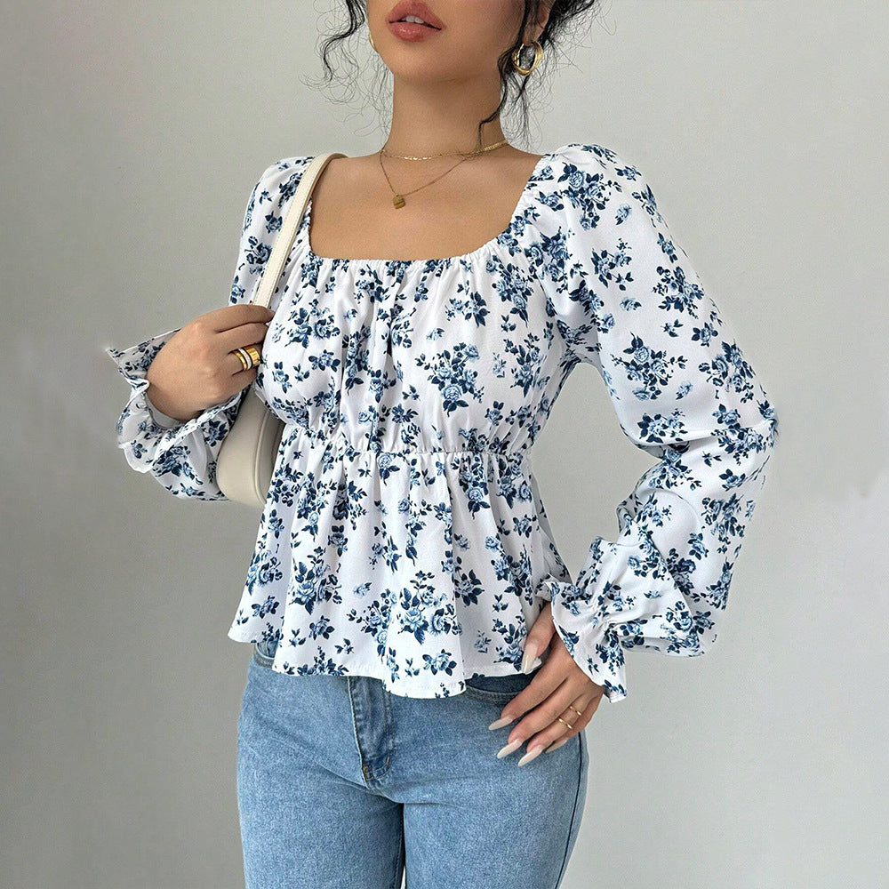 Women Square Collar Bubble Floral Long Sleeve Blouse