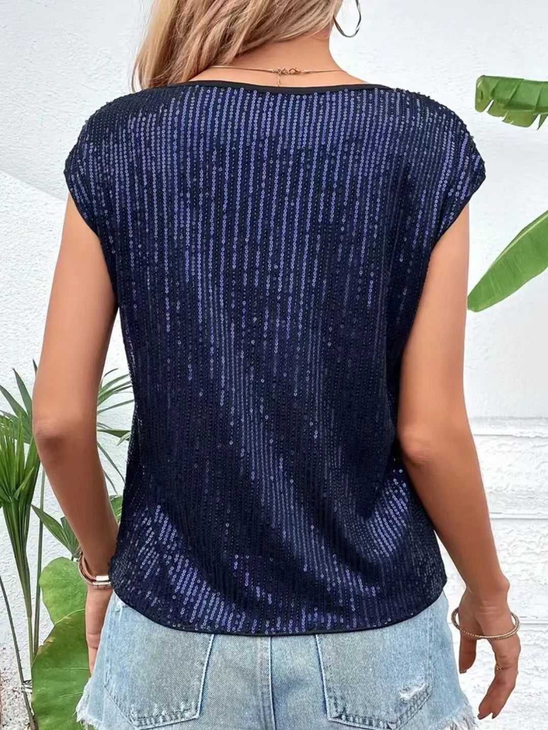 Casual Fashion Party Crew Neck Sleeveless Top Women's Sequins T-Shirt