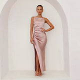 Women Solid Color Sexy Halter Split Medium and Long Sleeveless Dress