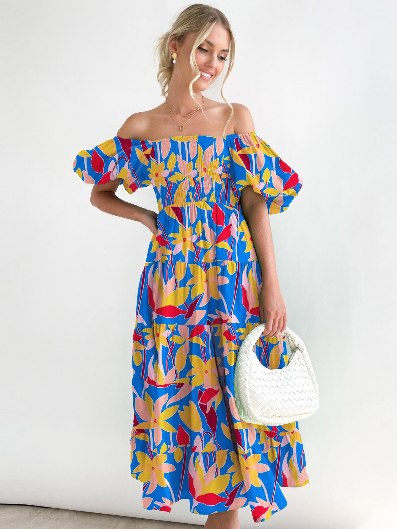 Offshoulder Printed Bubble Sleeve Dress for Women