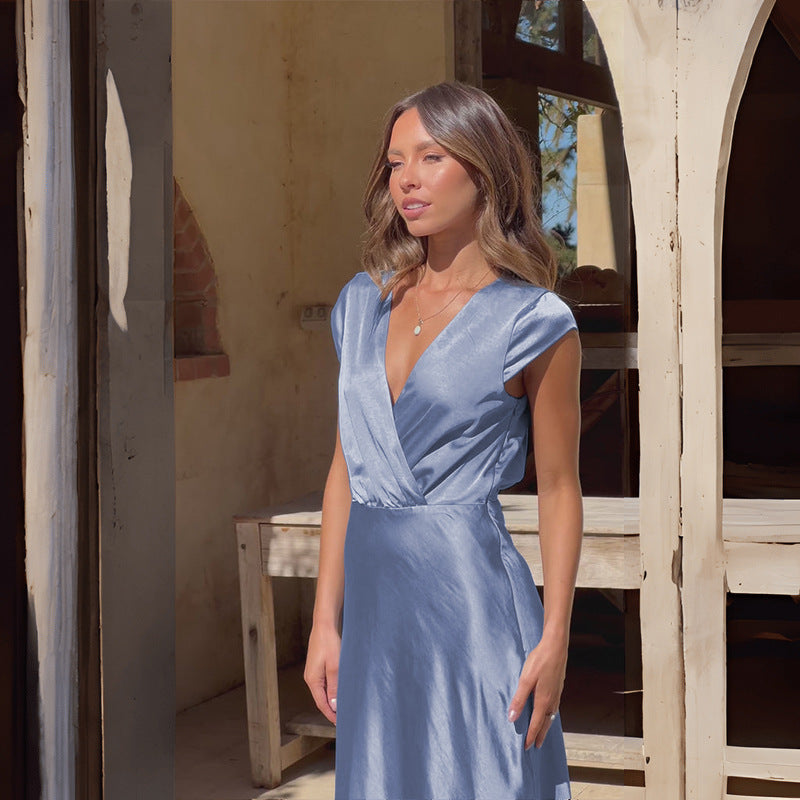 Women Satin Solid Color V-Neck Sexy Fishtail Dress Party Dress Long Dress